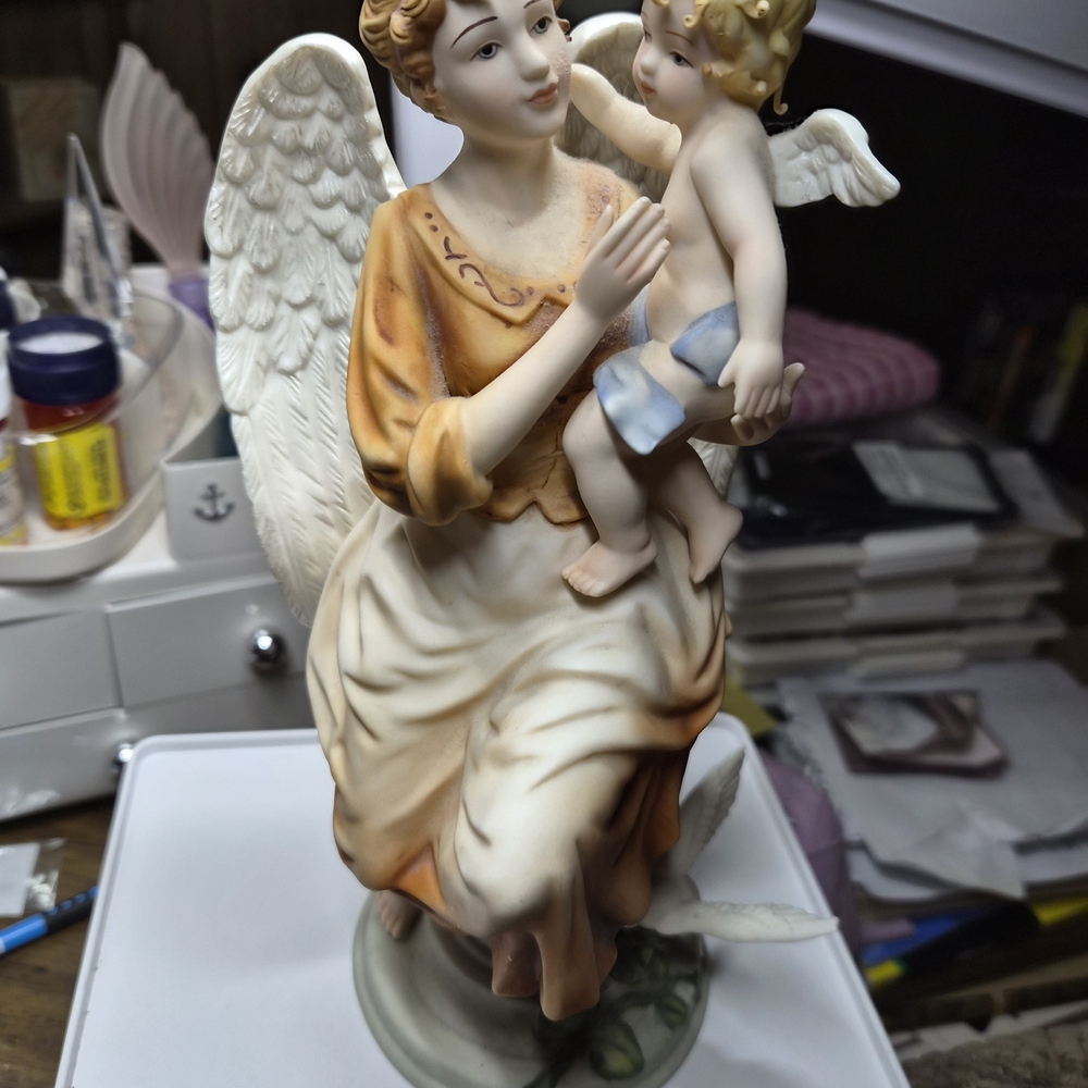Elegant Angel And Baby Hand-Painted Bone China Sculpture Very Rare!
